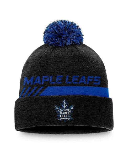 Men's Black Toronto Maple Leafs Authentic Pro Locker Room Alt Logo Cuffed Knit Hat with Pom