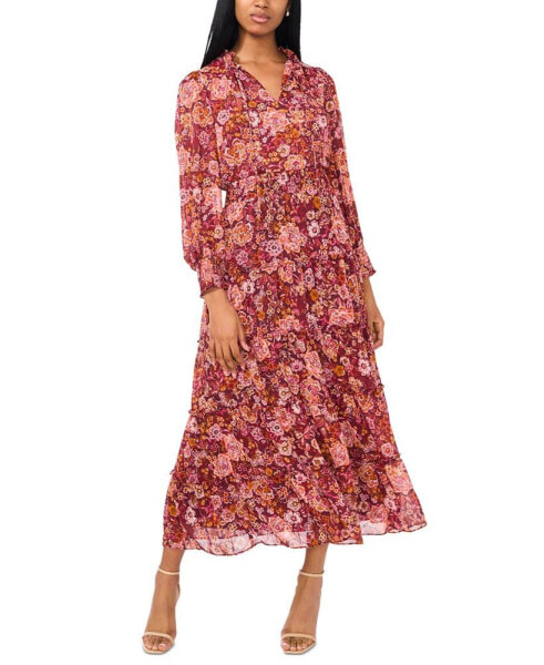 Women's Floral-Print Tie-Neck Maxi Dress