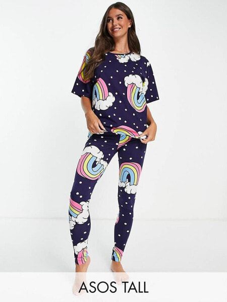 ASOS DESIGN Tall rainbow spot oversized tee & legging pyjama set in navy