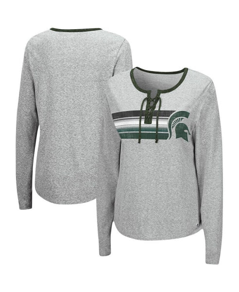 Women's Heathered Gray Michigan State Spartans Sundial Tri-Blend Long Sleeve Lace-Up T-shirt