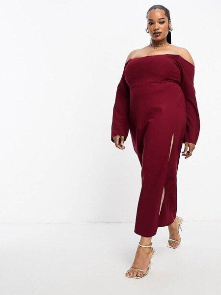 ASOS DESIGN Curve exclusive bardot corset detail midi dress in wine