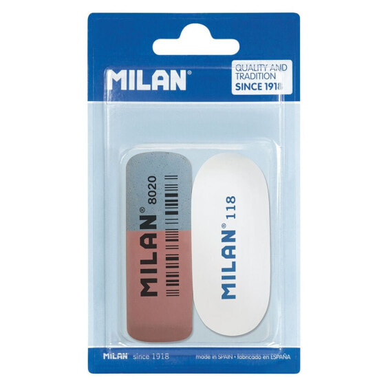 MILAN Blister Pack 1 Rubber Eraser (Double Use) + 1 Oval Synthetic Rubber Eraser
