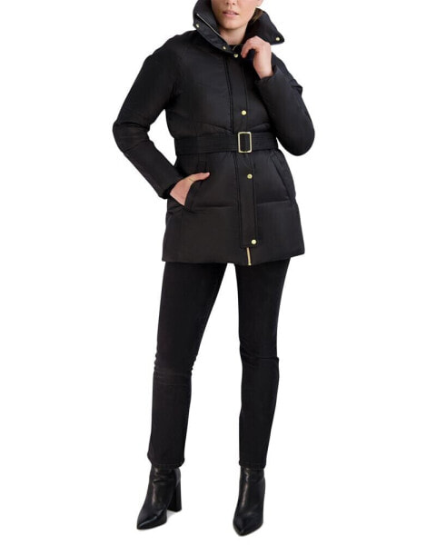 Women's Belted Pillow-Collar Puffer Coat