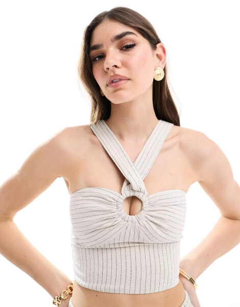 Miss Selfridge linen blend ring detail bralet in natural stripe