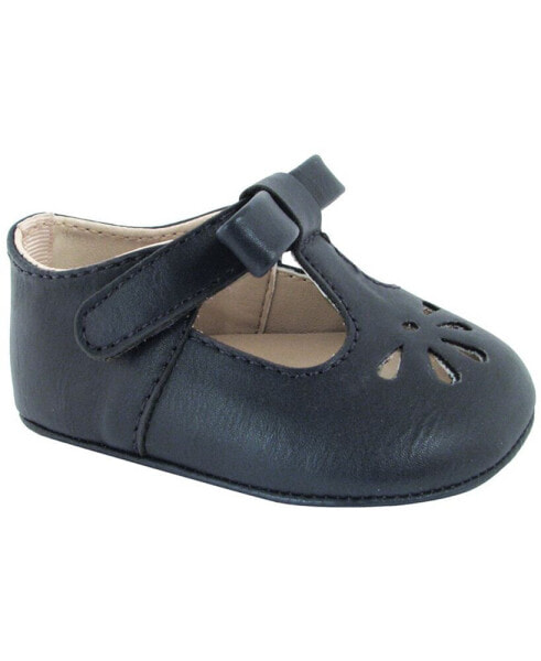 Baby Girl Soft Leather-Like T-Strap with Bow and Perforation