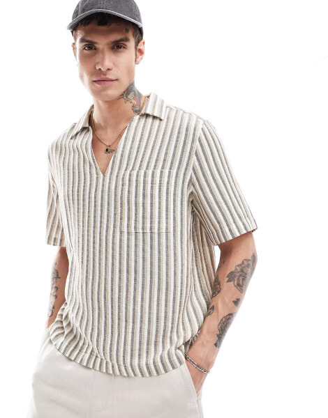 ASOS DESIGN boxy relaxed overhead shirt in neutral basket stripe