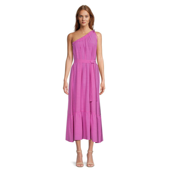 Time and Tru Maxi Dress Women's Size L Pink One-Shoulder Neck Pleated Sleeveless