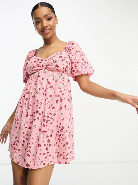 Wednesday's Girl puff sleeve ditsy floral print mini dress in pink