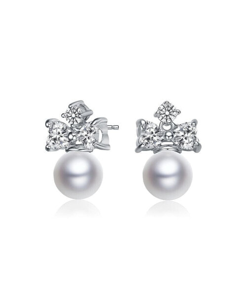 GV Sterling Silver White Gold Plated White Round Freshwater Pearl with Clear Heart and Round Cubic Zirconia Earrings