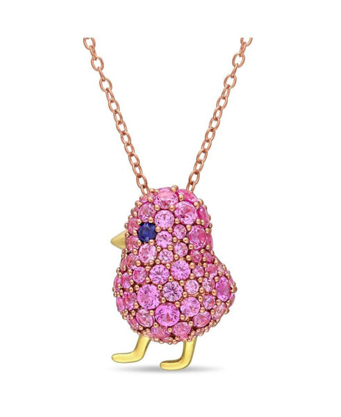 Lab Grown Blue and Pink Sapphire (2 3/8 ct. t.w.) Chick Bird Necklace in 18k Two-Tone Over Sterling Silver