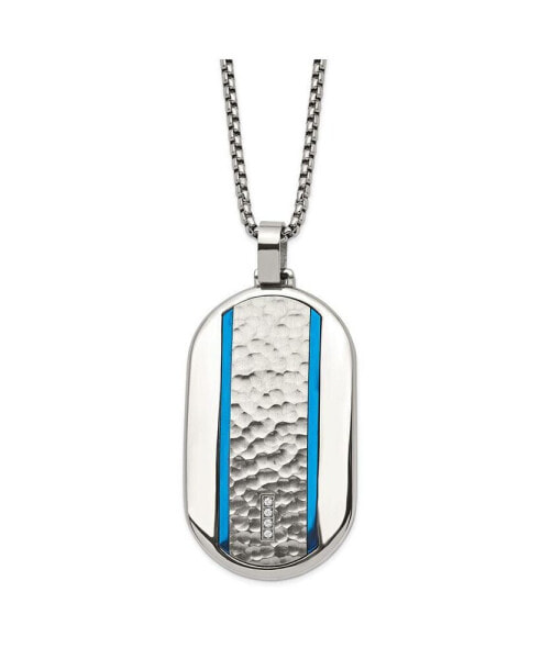 Chisel brushed Blue IP-plated CZ Rounded Dog Tag Box Chain Necklace