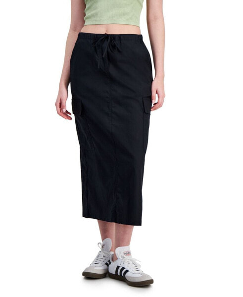 Juniors' Cotton Drawstring-Waist Cargo Maxi Skirt