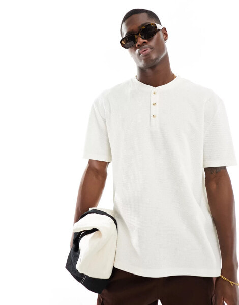 ASOS DESIGN relaxed t-shirt with button up collar in cream