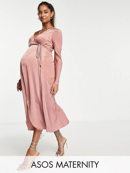 ASOS DESIGN Maternity bias cut satin wrap dress with tie waist in brown