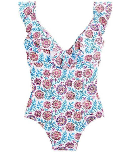 J.Crew 247669 Womens Floral Ruffle One-Piece Swimsuit White/Blue Multi Size 12