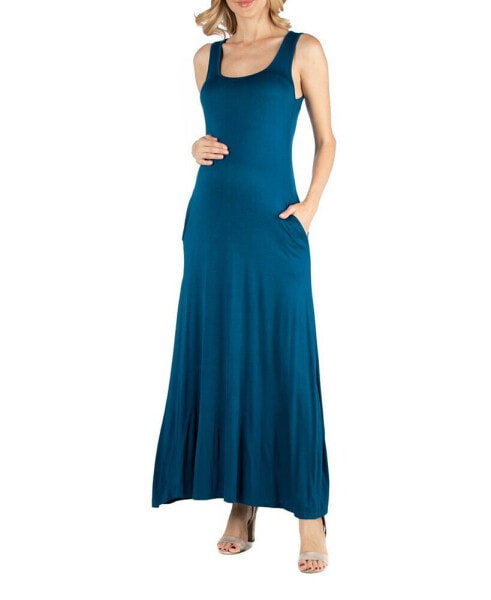 Scoop Neck Sleeveless Maternity Maxi Dress with Pockets