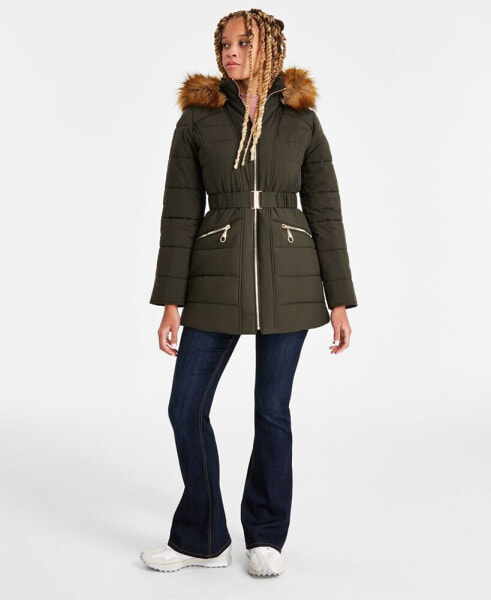 Juniors' Faux-Fur-Trim Hooded Puffer Coat