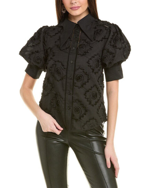 Gracia Wing Collar Circle Embroidered Top Women's Black S