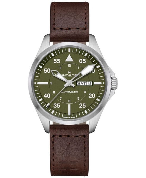 Men's Swiss Automatic Khaki Aviation Day Date Brown Leather Strap Watch 42mm
