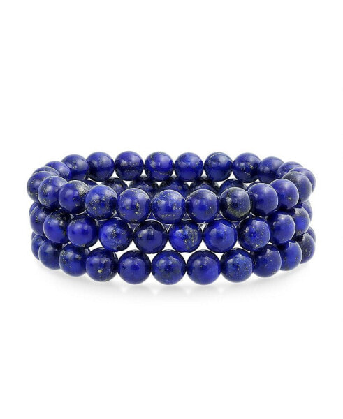 Semi Precious Gemstone Set Of 3 Blue Lapis lazuli 6MM Ball Bead Stones Stackable Strands Stretch Bracelet For Women Teen