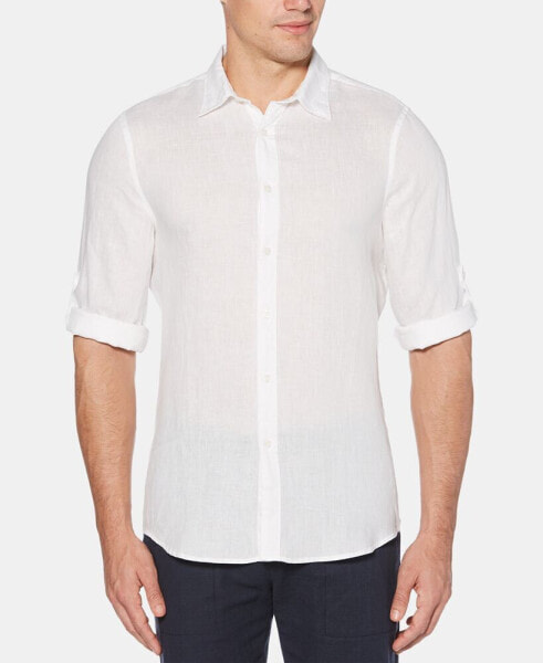 Рубашка мужская Perry Ellis льняная однотонная с отворотом на рукавах