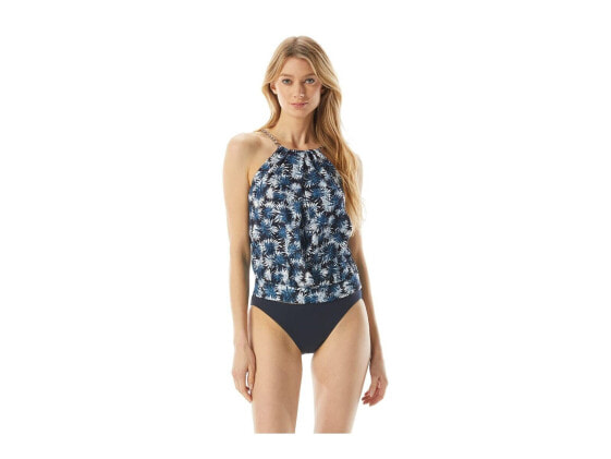 Michael Kors Palm Mix Blouson High Neck Tankini Top New Navy Size SM