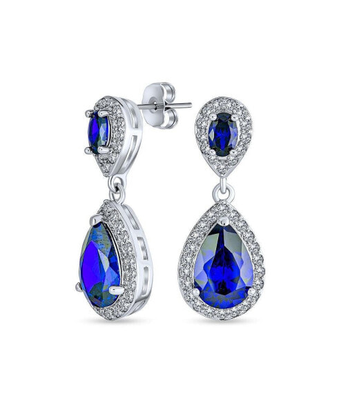 Blue Simulated Sapphire Pave CZ Halo Teardrop Pear Shape Dangle Drop Statement Earrings For Women Prom Silver Plated