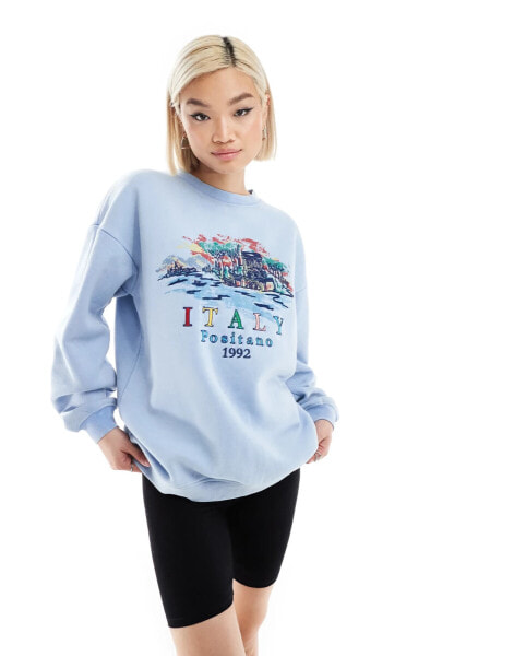 Daisy Street relaxed sweatshirt in blue with Italy embroidery