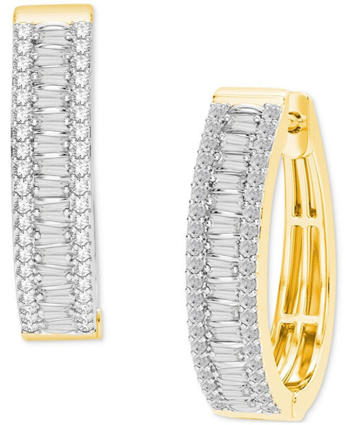 Diamond Round & Baguette Small Hoop Earrings (1/2 ct. t.w.) in Sterling Silver & 14k Gold-Plate