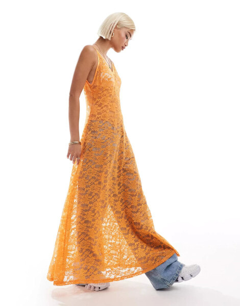 Labelrail x Olivia Grace Herring plunge front lace maxi dress in orange