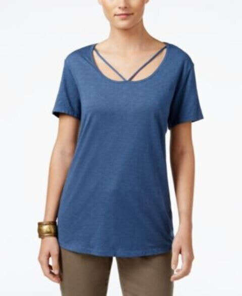 Style &Co Women's Short Sleeve Scoop Neck Top Blue XS