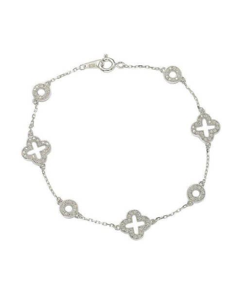 Suzy Levian Sterling Silver Cubic Zirconia Clover and Circle Station Bracelet