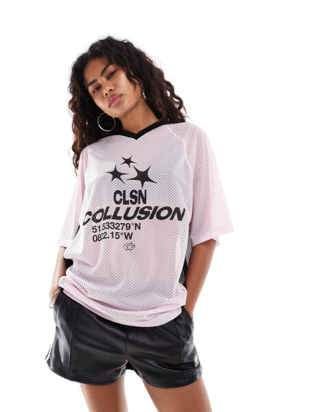 COLLUSION oversized v neck pink football star t-shirt