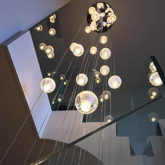KJLARS Pendant Light LED Modern Glass Crystal Pendant Light Height Adjustable Chandelier Decorative Chandelier for Villa Stairs Living Room Dining Room Bedroom Pendant Lamp (26 Balls Rectangle)