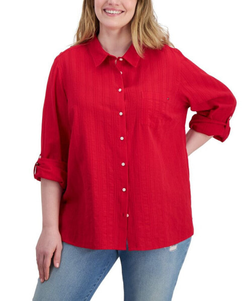 Plus Size Cotton Striped Utility Shirt