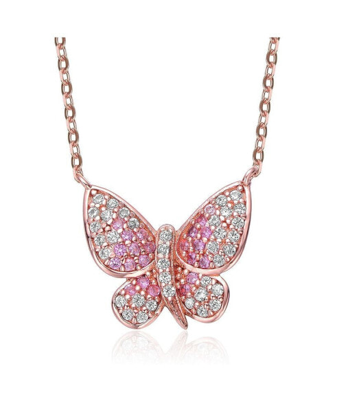 Kid/Teens Sterling Silver 18K Rose Gold Plated Ruby Cubic Zirconia Butterfly Spring Ring Adjustable Necklace