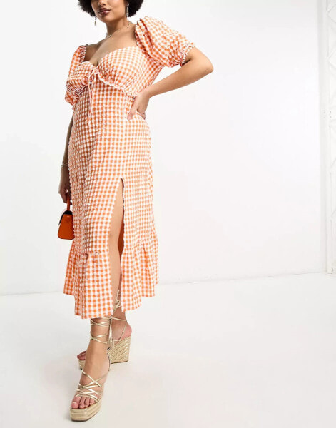 The Frolic Plus gingham ruffle milkmaid midaxi dress in tangerine