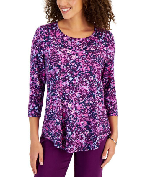 Women's Scoop Neck 3/4 Sleeve Printed Knit Top, Created for Macy's