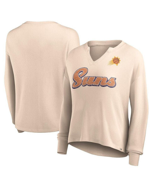 Women's Tan Distressed Phoenix Suns Go For It Long Sleeve Notch Neck T-shirt