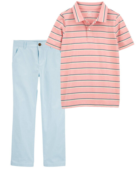 Kid 2-Piece Striped Jersey Polo & Flat-Front Pants Set 8