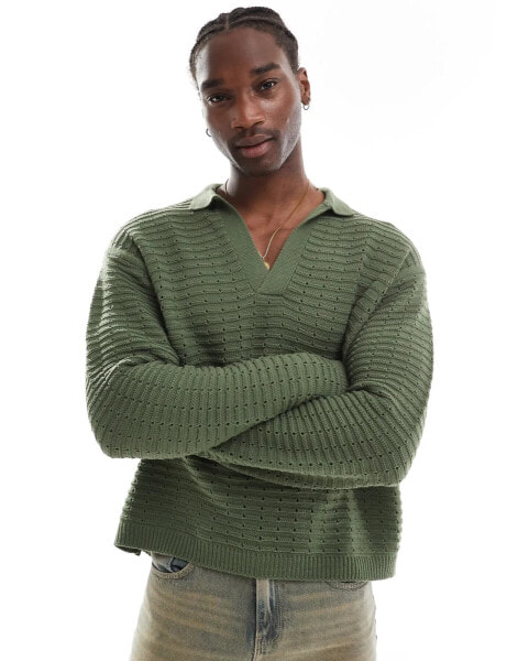 ASOS DESIGN oversized boxy knitted long sleeve polo shirt with texture in teal