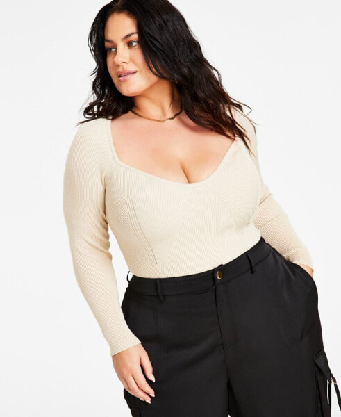 Trendy Plus Size Ribbed Sweetheart-Neck Top