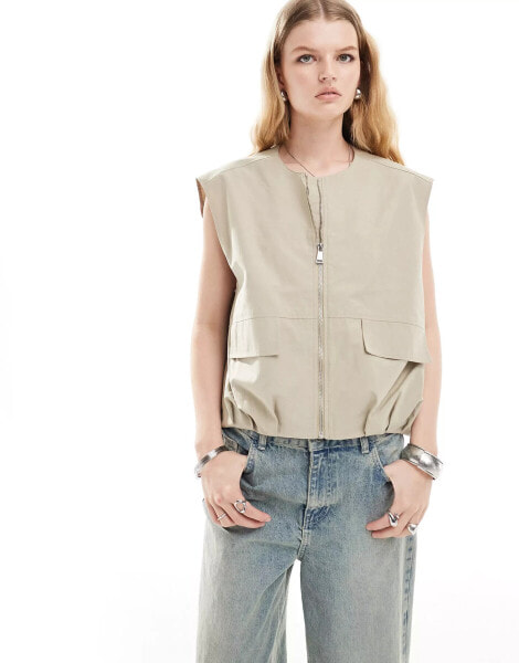 ASOS DESIGN sleeveless collarless utility gilet in stone