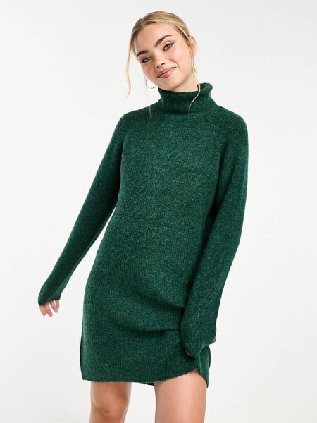 Pieces roll neck mini jumper dress in dark green