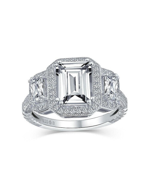 Estate Art Deco Style 3CT AAA CZ Halo Rectangle Emerald Cut Statement Engagement Ring For Women CZ Baguette Side Stones .925 Sterling Silver