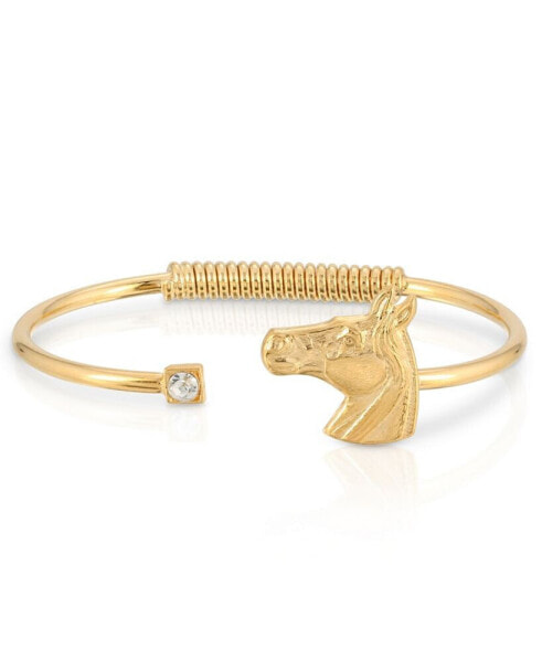 14K Gold-Tone Dipped Clear Crystal and Horse Accent Hinge Bracelet