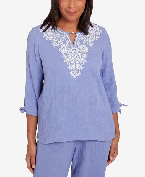 Women's Summer Breeze Embroidered Top with Tie Sleeves