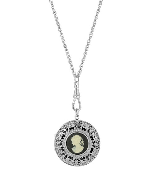 2028 women's Silver Tone Black Cameo Round Filigree Locket Necklace