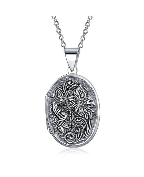 Embossed Scroll Floral Flower Sunflower Photo Oval Lockets Necklace Pendant For Women That Hold Pictures Oxidized .925 Sterling Silver Large