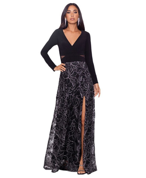 Women's Long-Sleeve Brocade-Skirt Gown